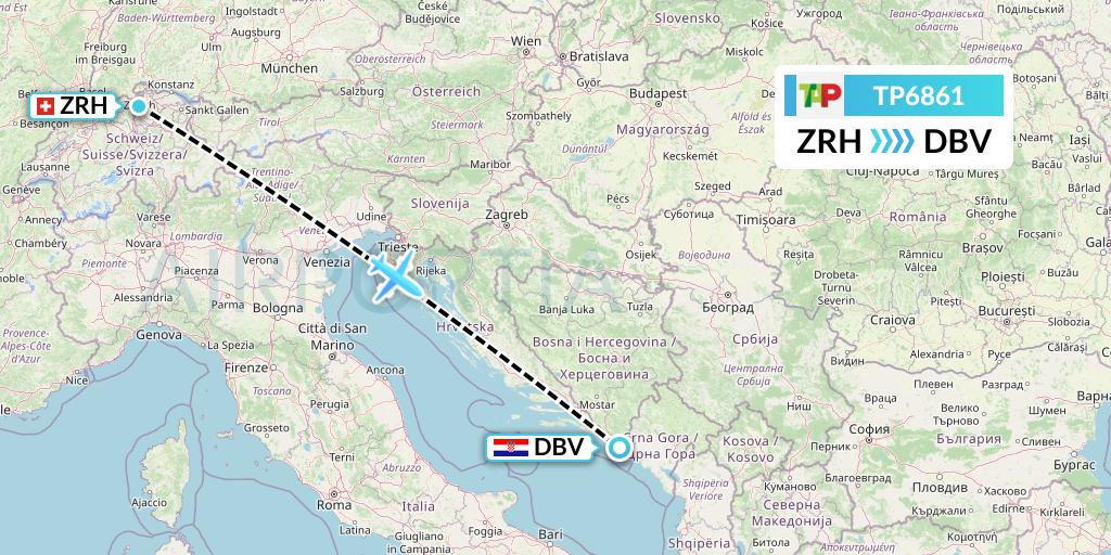 TP6861 TAP Portugal Flight Map: Zurich to Dubrovnik