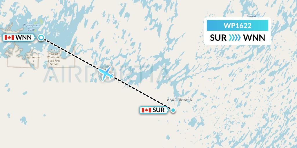 WP1622 Wasaya Airways Lp Flight Map: Summer Beaver to Wunnummin Lake
