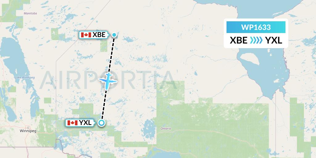 WP1633 Wasaya Airways Lp Flight Map: Bearskin Lake to Sioux Lookout