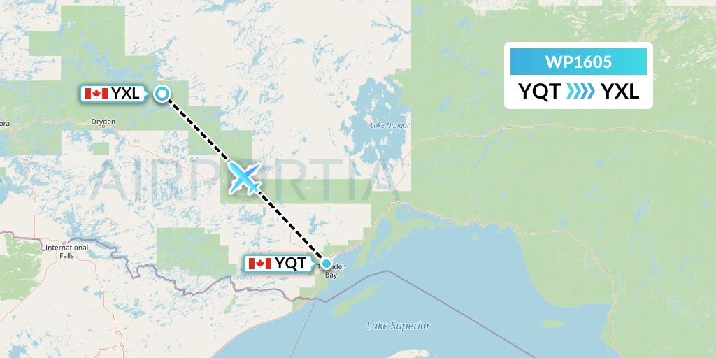 WP1605 Wasaya Airways Lp Flight Map: Thunder Bay to Sioux Lookout