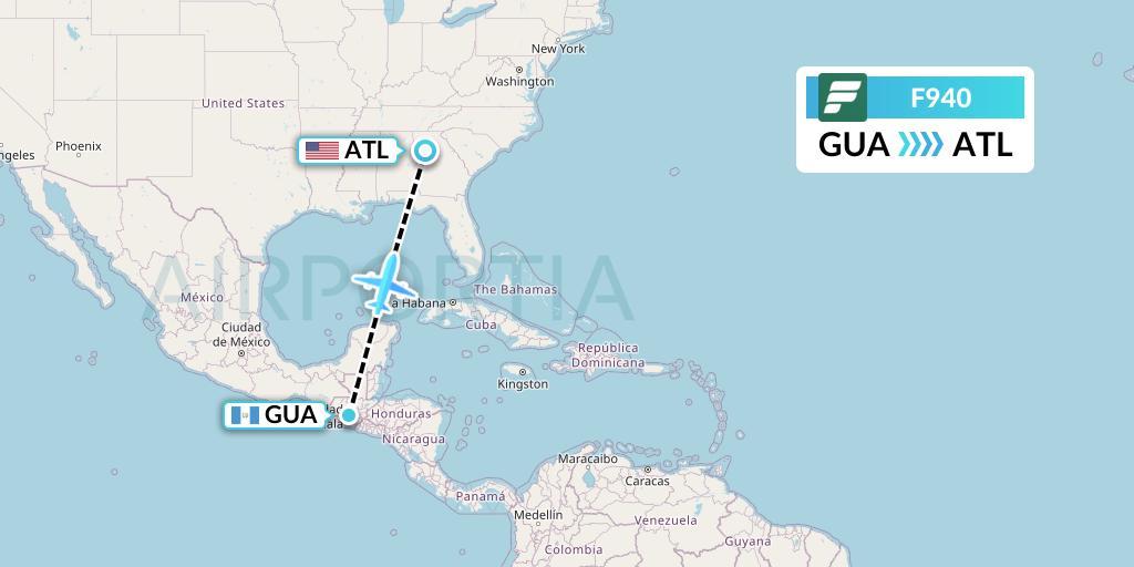 F940 Frontier Airlines Flight Map: Guatemala City to Atlanta