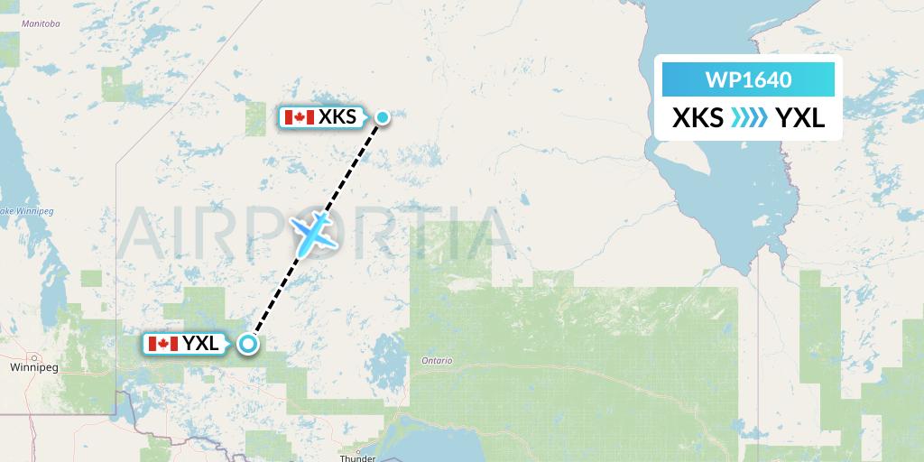 WP1640 Wasaya Airways Lp Flight Map: Kasabonika to Sioux Lookout
