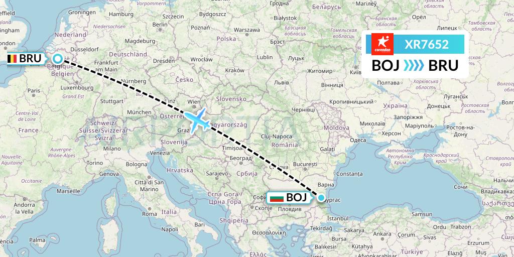 XR7652 Corendon Airlines Europe Flight Map: Burgas to Brussels