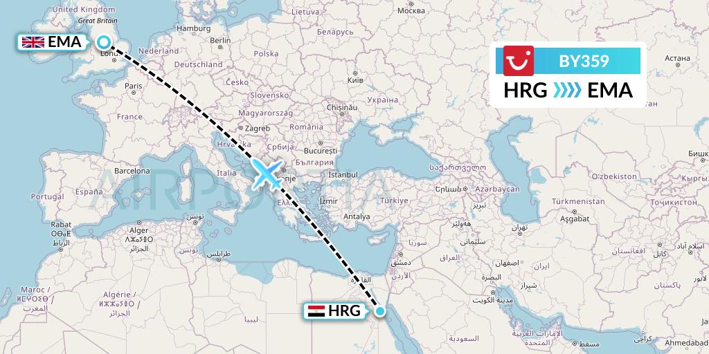 BY359 TUI Airways Flight Map: Hurghada to East Midlands