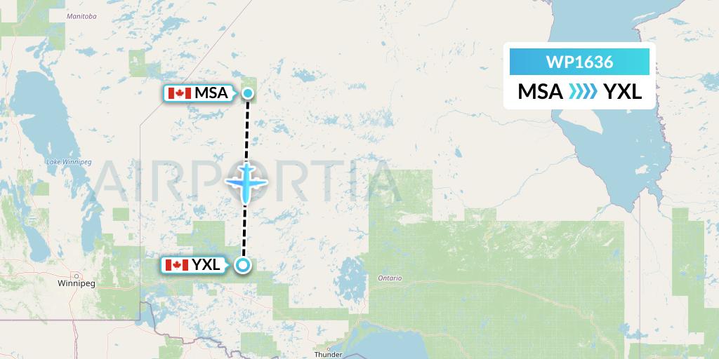 WP1636 Wasaya Airways Lp Flight Map: Muskrat Dam to Sioux Lookout