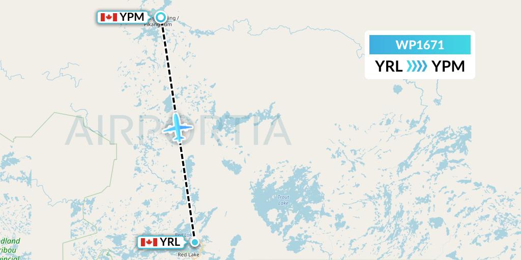 WP1671 Wasaya Airways Lp Flight Map: Red Lake to Pikangikum