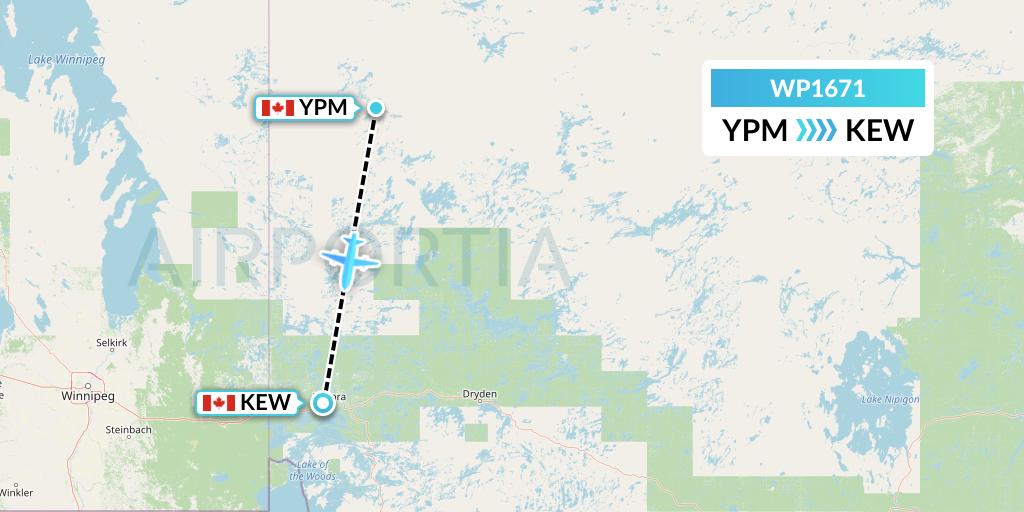 WP1671 Wasaya Airways Lp Flight Map: Pikangikum to Keewaywin