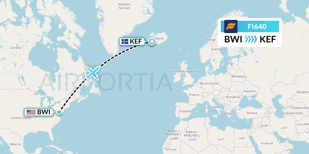 FI640 Icelandair Flight Map: Baltimore to Reykjavik