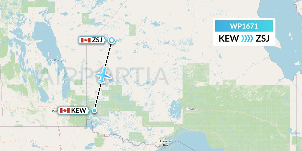 WP1671 Wasaya Airways Lp Flight Map: Keewaywin to Sandy Lake