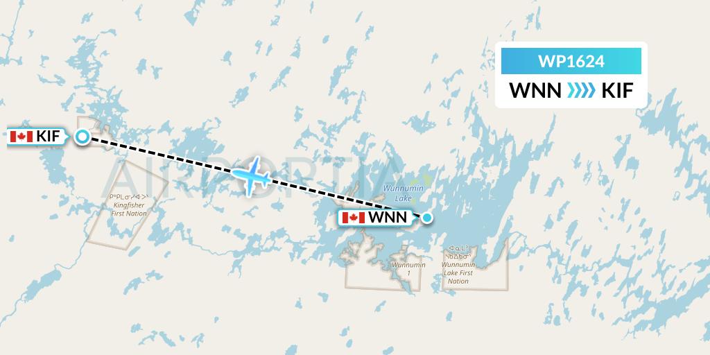WP1624 Wasaya Airways Lp Flight Map: Wunnummin Lake to Kingfisher Lake