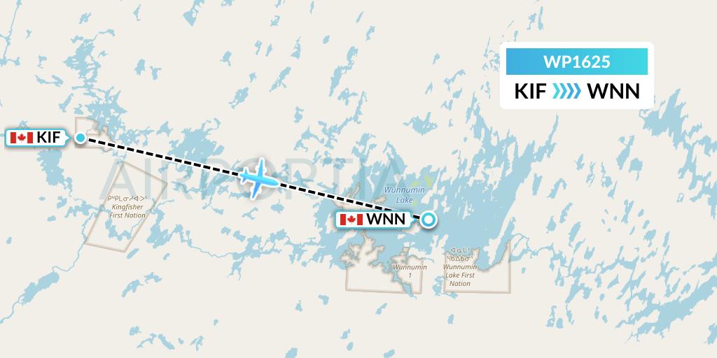 WP1625 Wasaya Airways Lp Flight Map: Kingfisher Lake to Wunnummin Lake