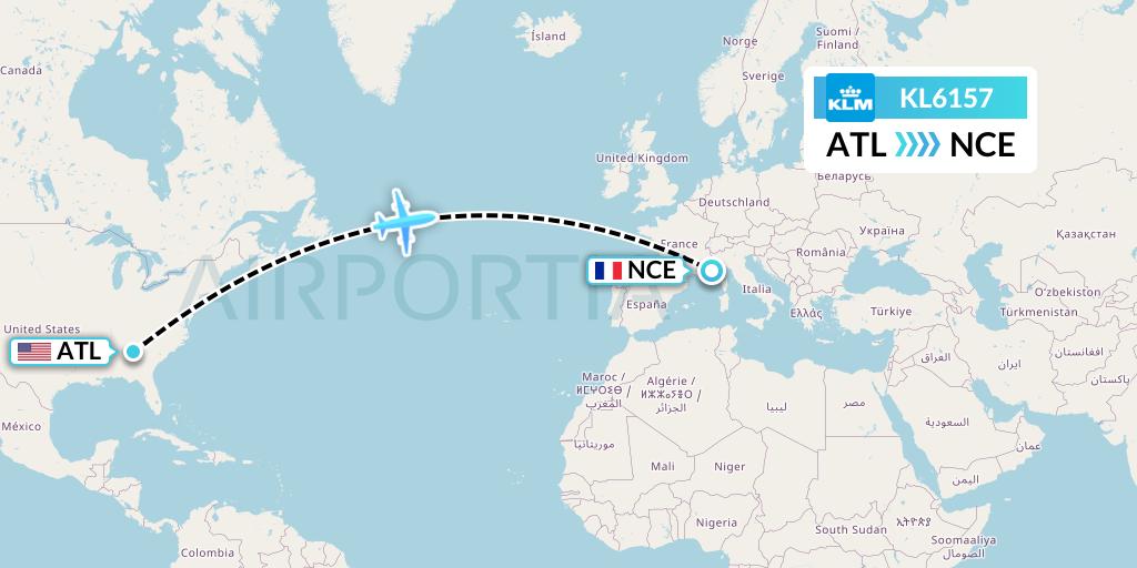 KL6157 KLM Flight Map: Atlanta to Nice