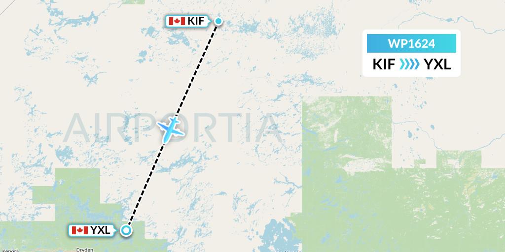 WP1624 Wasaya Airways Lp Flight Map: Kingfisher Lake to Sioux Lookout