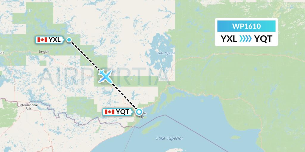 WP1610 Wasaya Airways Lp Flight Map: Sioux Lookout to Thunder Bay