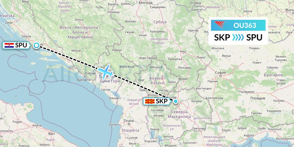 OU363 Croatia Airlines Flight Map: Skopje to Split