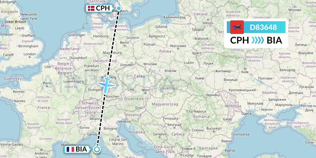 D83648 Norwegian Air International Flight Map: Copenhagen to Bastia