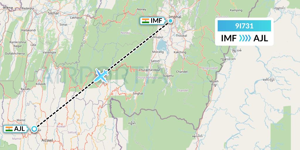 9I731 Air India Regional Flight Map: Imphal to Aizawl
