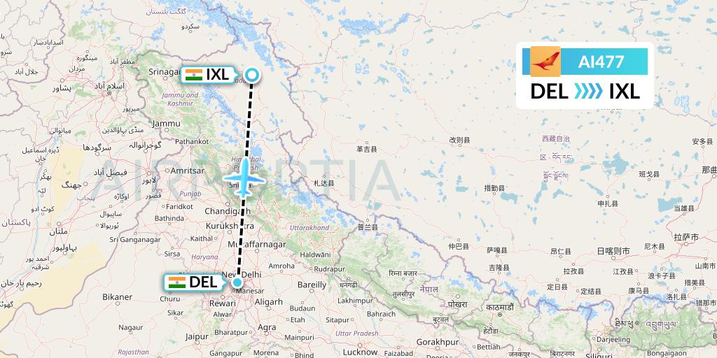 AI477 Air India Flight Map: Delhi to Leh