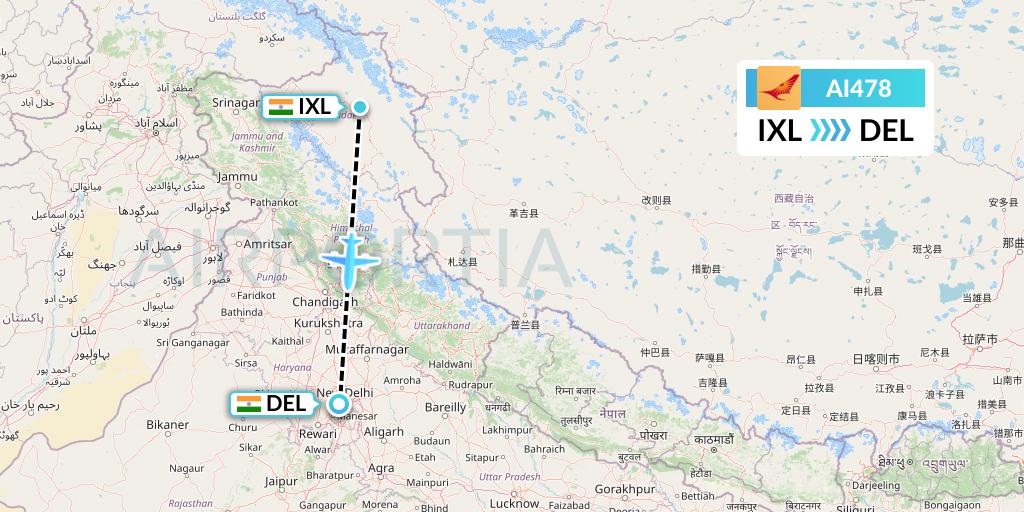 AI478 Air India Flight Map: Leh to Delhi