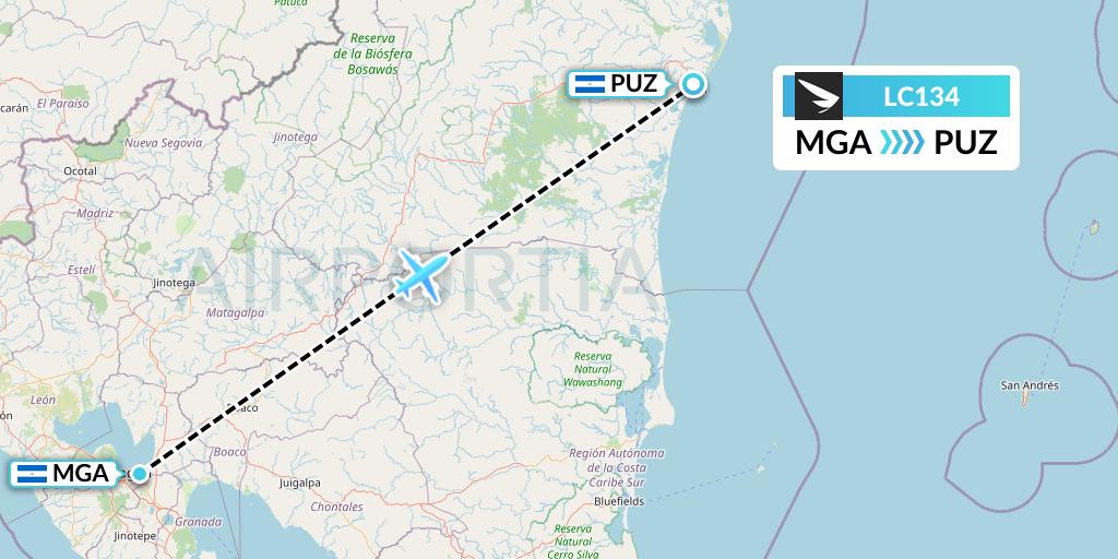 LC134 Skyway Flight Map: Managua to Puerto Cabezas