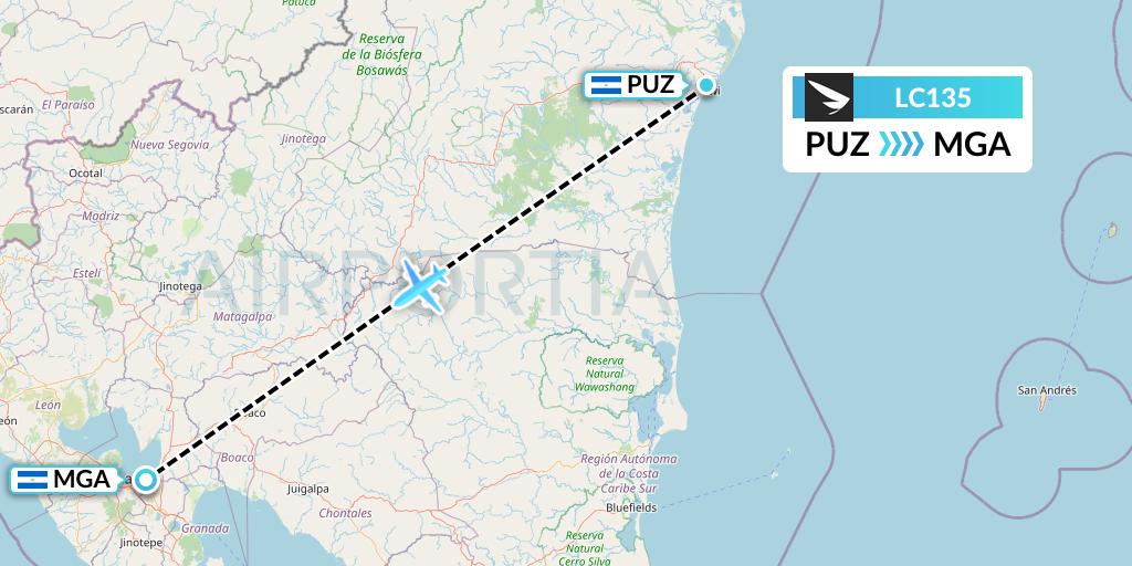 LC135 Skyway Flight Map: Puerto Cabezas to Managua