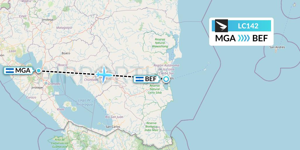 LC142 Skyway Flight Map: Managua to Bluefileds