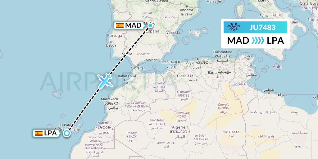 JU7483 AirSERBIA Flight Map: Madrid to Las Palmas