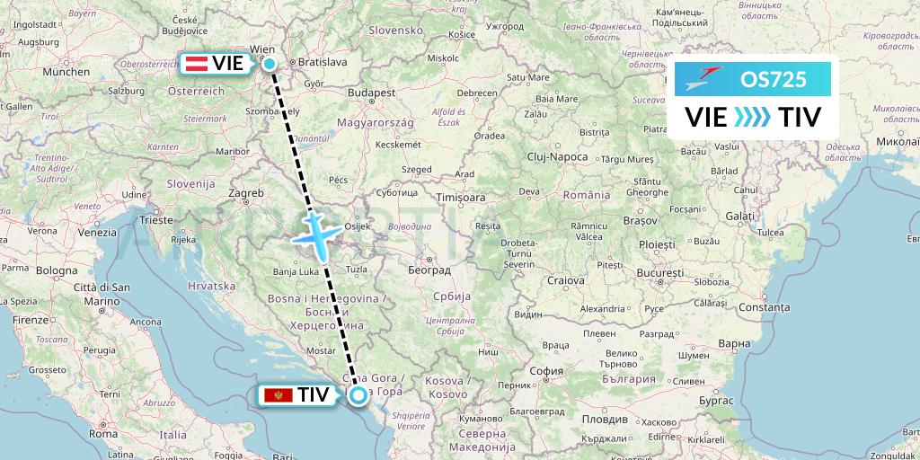 OS725 Austrian Airlines Flight Map: Vienna to Tivat