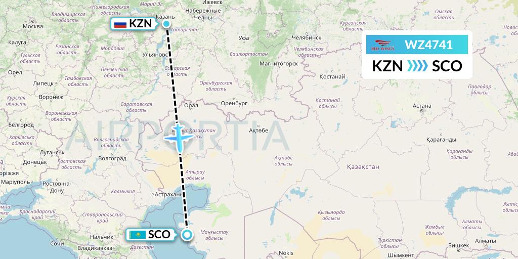 WZ4741 Red Wings Flight Map: Kazan to Aktau