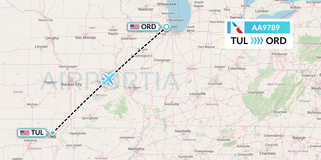 AA9789 American Airlines Flight Map: Tulsa to Chicago