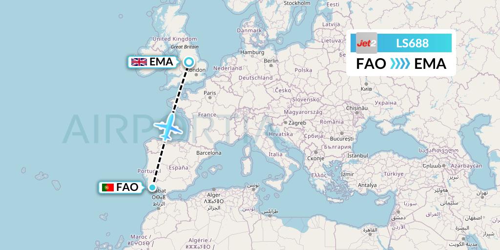 LS688 Jet2 Flight Map: Faro to East Midlands