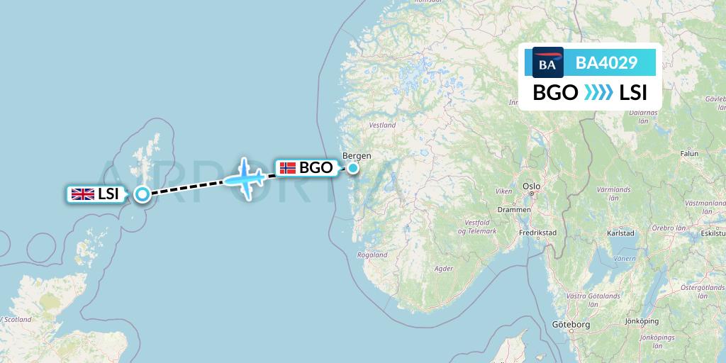 BA4029 British Airways Flight Map: Bergen to Sumburgh