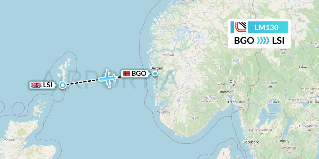 LM130 Loganair Flight Map: Bergen to Sumburgh