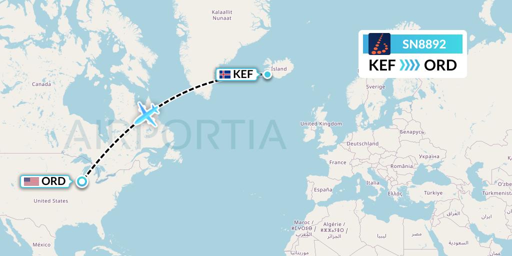 SN8892 Brussels Airlines Flight Map: Reykjavik to Chicago