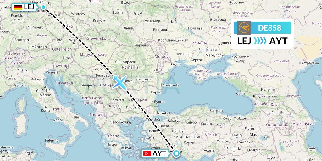 DE858 Condor Flight Map: Leipzig to Antalya