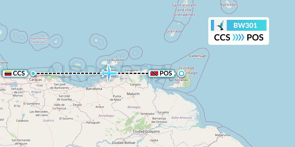 BW301 Caribbean Airlines Flight Map: Caracas to Port of Spain