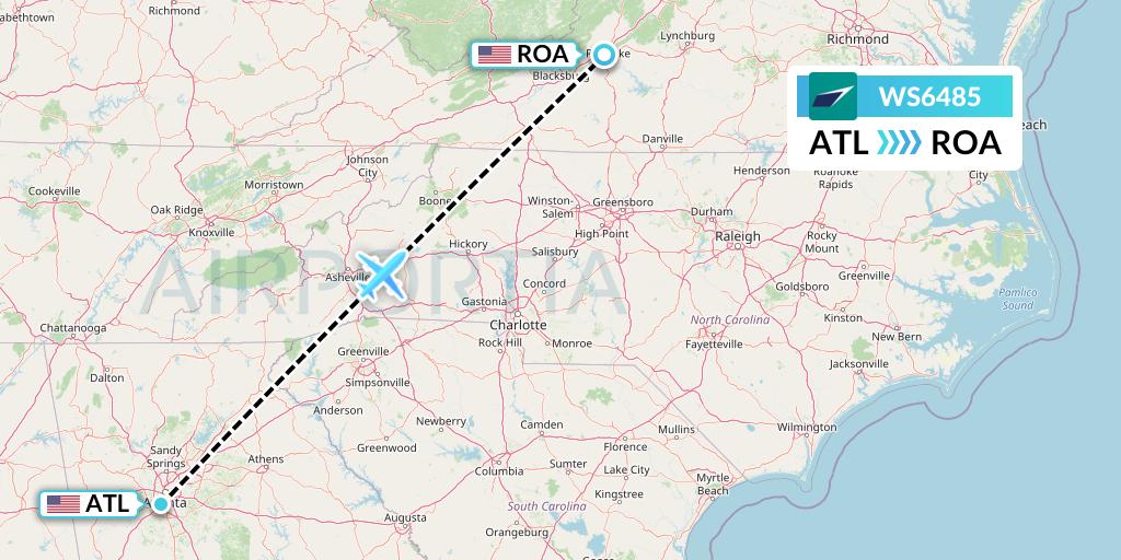 WS6485 WestJet Flight Map: Atlanta to Roanoke