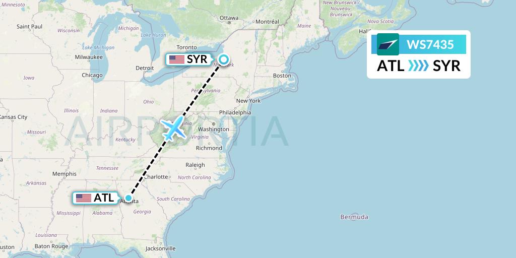 WS7435 WestJet Flight Map: Atlanta to Syracuse