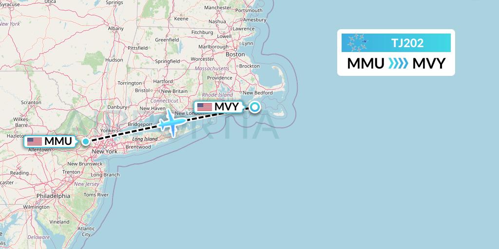 TJ202 Tradewind Aviation Flight Map: Morristown to Martha's Vineyard
