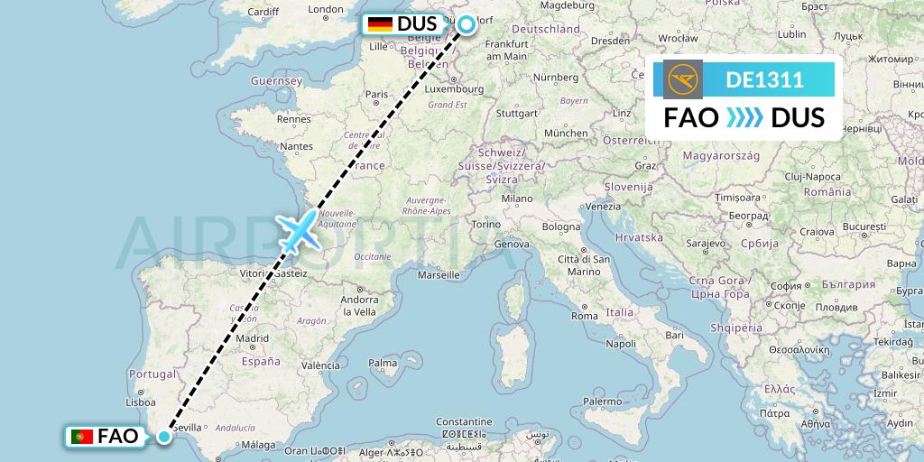 DE1311 Condor Flight Map: Faro to Dusseldorf