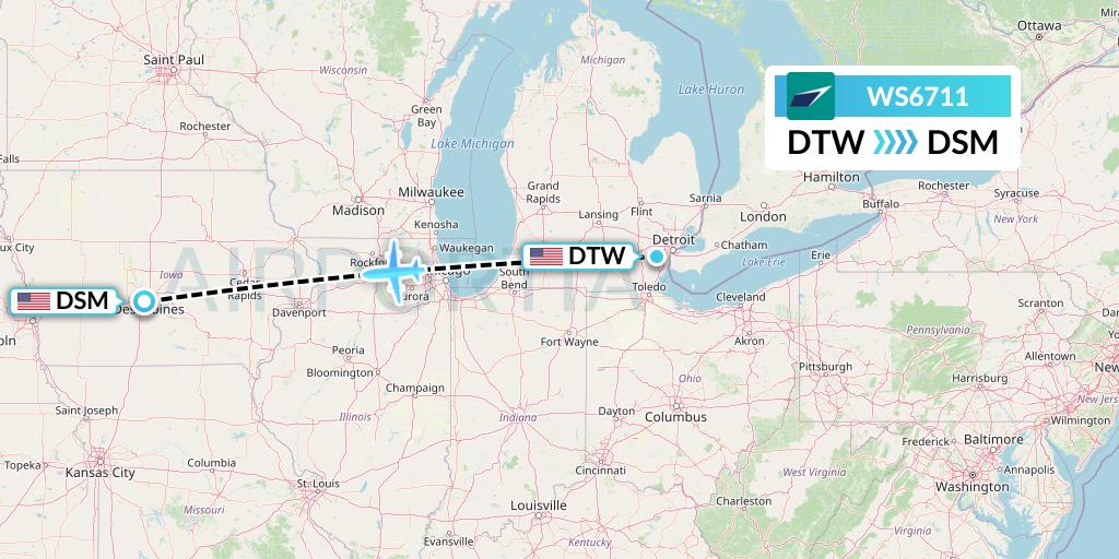 WS6711 WestJet Flight Map: Detroit to Des Moines