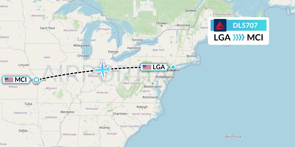 DL5707 Delta Air Lines Flight Map: New York to Kansas City