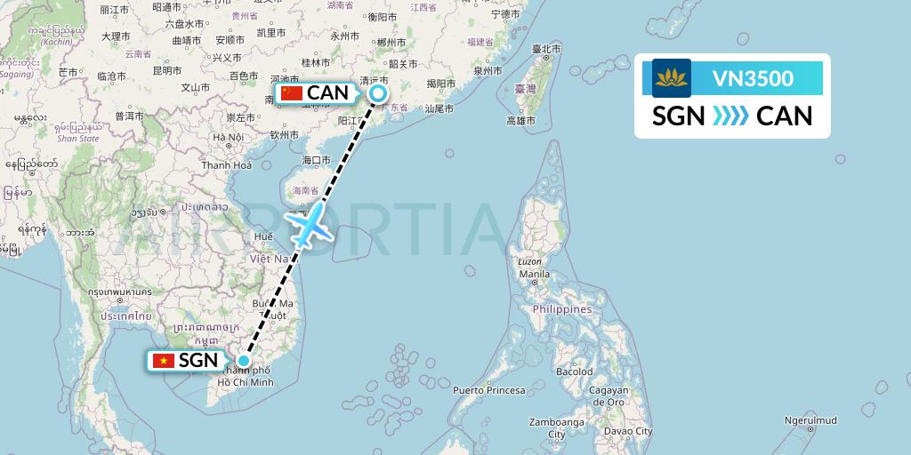 VN3500 Vietnam Airlines Flight Map: Ho Chi Minh City to Guangzhou