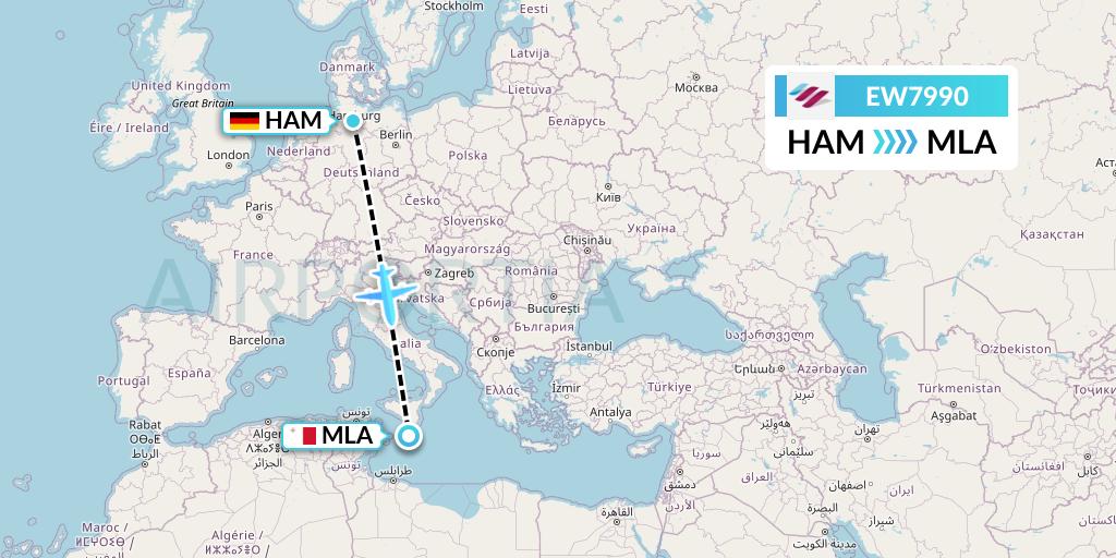 EW7990 Eurowings Flight Map: Hamburg to Malta