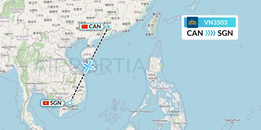 VN3503 Vietnam Airlines Flight Map: Guangzhou to Ho Chi Minh City