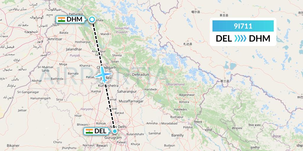 9I711 Air India Regional Flight Map: Delhi to Dharamsala