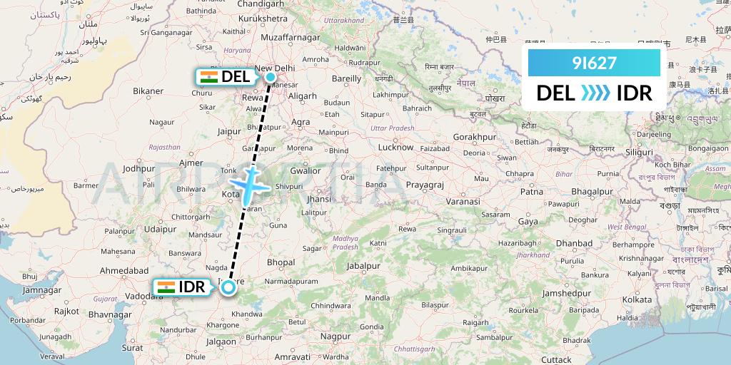 9I627 Air India Regional Flight Map: Delhi to Indore