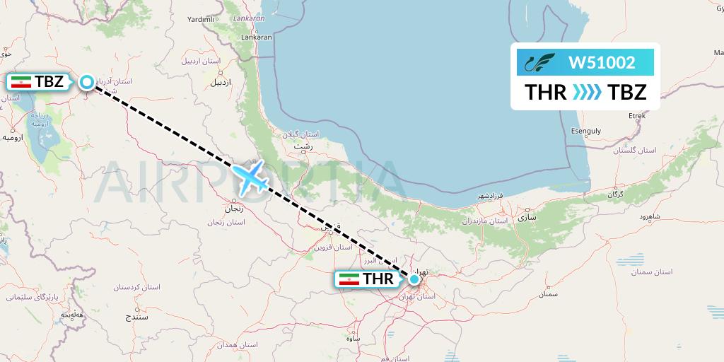 W51002 Mahan Air Flight Map: Tehran to Tabriz