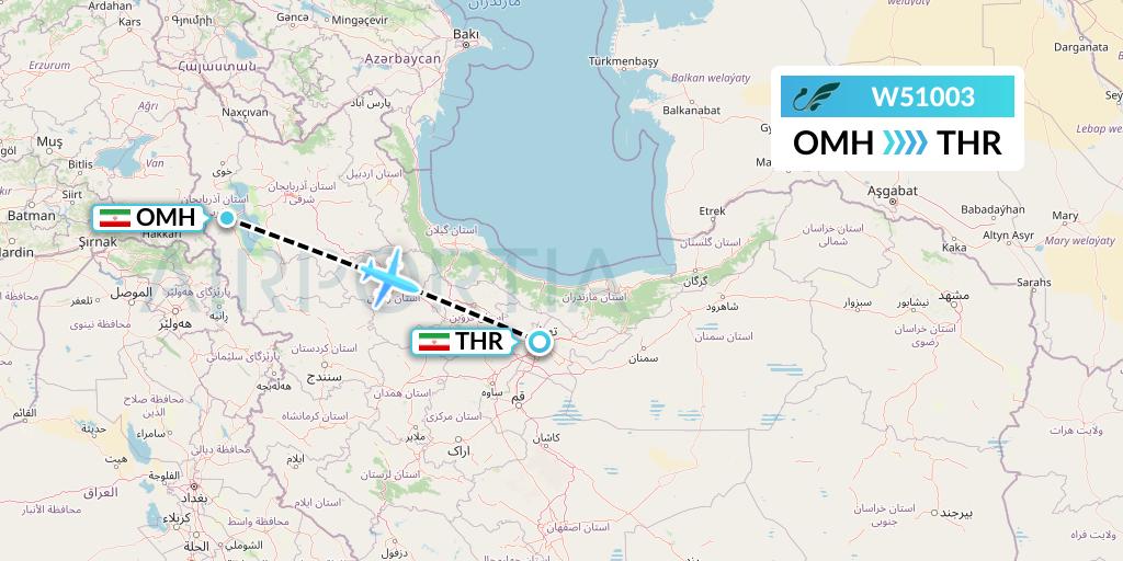 W51003 Mahan Air Flight Map: Urmia to Tehran