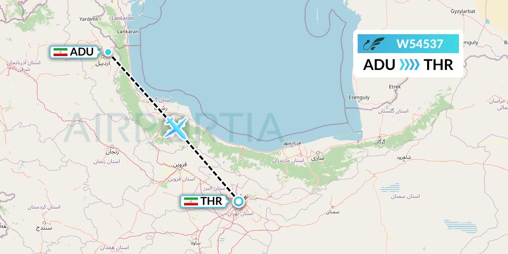 W54537 Mahan Air Flight Map: Ardabil to Tehran